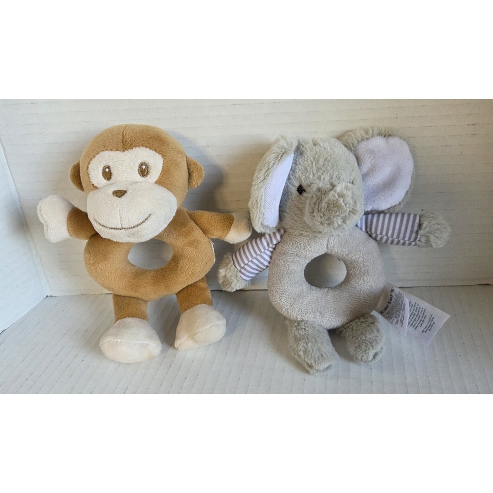 Carters Baby Lot Gray Elephant and Brown Monkey‎ Plush Ring Rattle Infant Toy